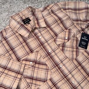 Brixton Wayne Western Plaid Shirt Mens XL Short Sleeve Snap Front Tan NEW